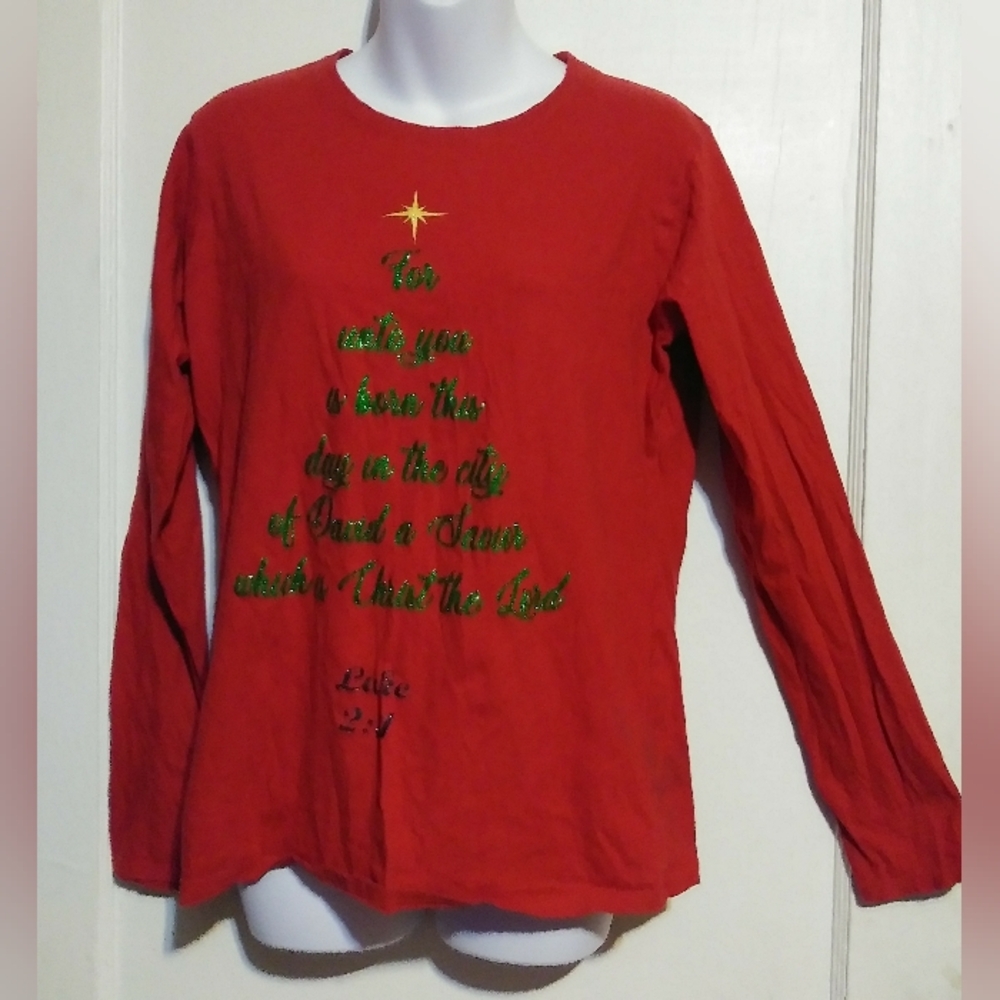 GILDAN LADIES RED LONG SLEEVE XMAS NOVELTY TOP